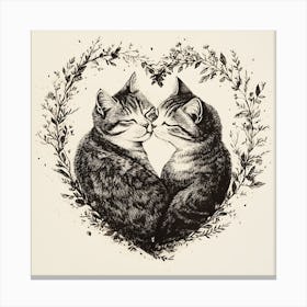 Delicate Ink Drawing of Cats Love Heart 3 Canvas Print