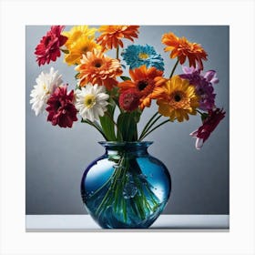 Colorful Flowers In A Blue Vase 1 Canvas Print