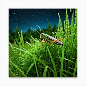 Grasshopper In The Grass At Night Canvas Print