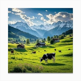 Alpine Pastoral Landscape Cows Grazing On Lush Green Slopes Snow Capped Mountains In The Distance (5) Canvas Print