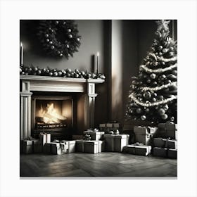 Christmas Presents Under Christmas Tree At Home Next To Fireplace Black And White Still Digital Ar (14) Canvas Print