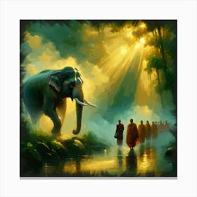 Buddhist Monks And Elephant Canvas Print