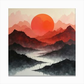 Red Sun Setting Mountain Landscape Leinwandbild