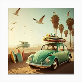 Green Vw Beetle On The Beach Front Canvas Print