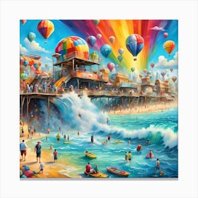 Rainbow Sky Above Hot Air Balloons And Beachside Playground Canvas Print