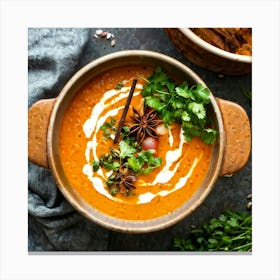 Autumn Pumpkin Curry Soup Simmering In A Traditional Clay Pot Steam Rising Surrounded By An Assort (6) Canvas Print