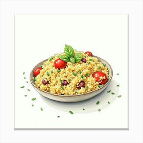 A Watercolor Depiction Of A Fresh And Flavorful Mediterranean Couscous Salad With Herbs Canvas Print