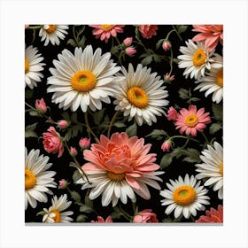 2d Daisy And Rose Line Art Floral Fabric Pattern On Black Background 2323570871 Leinwandbild