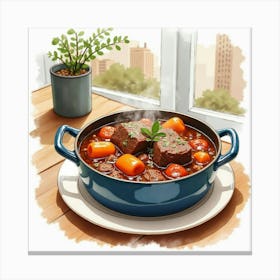 Watercolor Painting Of A Classic And Savory Beef Stew On A Stylish Restaurant Table Canvas Print