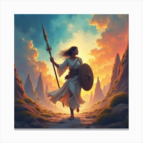 Soul Warrior In A Vivid Watercolor Dreamscape, Fighting Shadows 1 Canvas Print