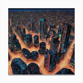 Illustration Of A City Skyline At Night Buildings Made Of Octagonal Fractal Patternneon Vibrant 682293568 (3) Canvas Print