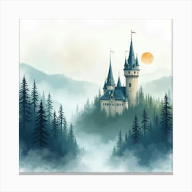 Watercolor Castle Spires Amidst Misty Forest 1 Canvas Print