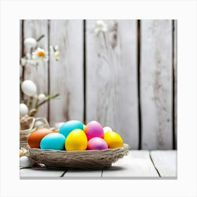 Easter Eggs On A Wooden Table Canvas Print