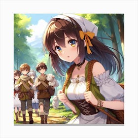 Anime Girl on a Camping Adventure in the Forest with Friends Canvas Print