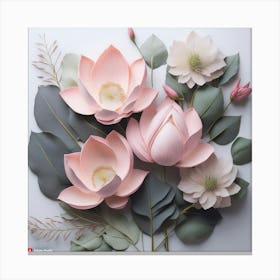 Firefly A Combination Of Lotus Flowers And Eucalyptus Leaves In Pale Pink And Gray, Spaced Out With (3) 1 Canvas Print