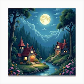 Enchanting Fairy Village Under A Glowing Moonlit Sky 1 Canvas Print