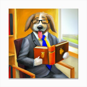 Abstract Oil Painting-Dog In The Office Reading A Book Canvas Print