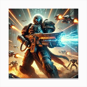 A Sci Fi Action Scene Showcasing Ryn Talvek Heavy Weaponry Canvas Print