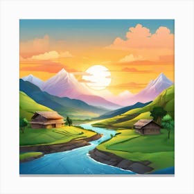 Landscape With Mountains And River Canvas Print