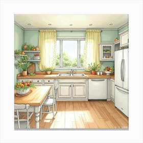 Beautiful Watercolor Painting Of A Sunny Kitchen Scene 1 Canvas Print