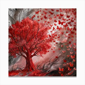 Red Tree And Heart Shaped Butterflies (1) Canvas Print