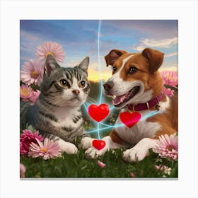 Cat And Dog With Hearts Canvas Print