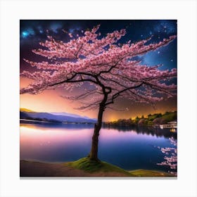 Cherry Blossom Tree At Night Canvas Print
