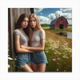 Two Girls In Front Of A Barn Canvas Print
