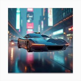 Hovering Futuristic Car With Sleek Design, Flying Through Glowing Cityscape 1 Canvas Print