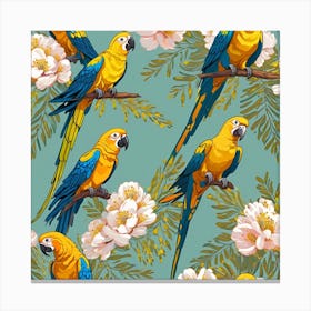 Seamless Pattern With Acacia Flowers And Parrots Vector 0 Canvas Print