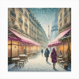 Paris cafes, winter season, Christmas, pale colors, pedestrians in the street, winter clothes, falling snow.3 2 Canvas Print