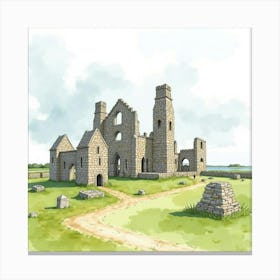 Watercolor Of The Lindisfarne Priory In Northumberland, Capturing Its Historic Ruins And Scenic Beauty Canvas Print