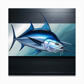 A Breathtakingly Rendered Illustration Of A Majestic Bluefin Marlin, Meticulously Mounted On A Sleek, Dark Stained Wooden Wall, With Meticulous Attention To Detail, Showcasing The Fish S Iridescent Blue And Silver Scales Glimmering 1 Canvas Print