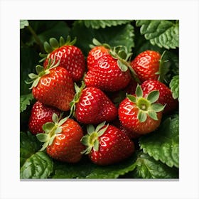 Red Strawberries On Green Leaves Canvas Print