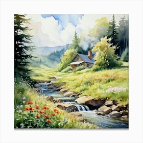 Cozy Cottage Nestled In A Field Of Vibrant Wildflowers Beams Of Sunlight Breaking Through The Lush Canvas Print