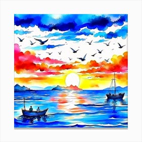 Watercolor Landscape View For Ocean At The Sunset And Birds Are Flying In A Blue Sky And A Small Boat Canvas Print