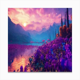 Purple Flowers In A Lake Canvas Print