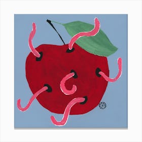 Wormy Apple fruit square red blue kitchen modern worm halloween Canvas Print