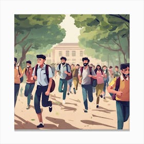 Illustration Of Students Running In The Park Canvas Print