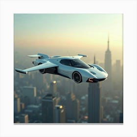 Sleek Flying Car With Retractable Wings, Soaring Above A Futuristic Skyline 1 Canvas Print