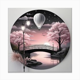 Pink Bridge With Hot Air Balloons Landscape Canvas Print