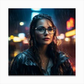 Portrait Of A Woman With Glasses Rain Soaked And Dramatic Night Setting Reflections On Glasses N Canvas Print