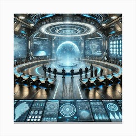 A Close Up Futuristic Sci Fi Depiction Focusing On Military Command Center Canvas Print