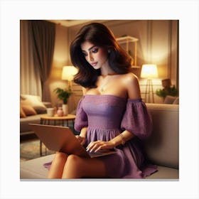 Sexy Woman Using Laptop Canvas Print