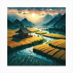Beautiful views of rice fields, close to the river and surrounded by mountains, 7 Canvas Print