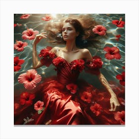 Beautiful Woman In Red Dress In Water 1 Canvas Print
