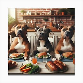 Pitbull Dogs Sitting At Table Eating Canvas Print