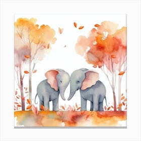 Elephants In Autumn Watercolor Canvas Print