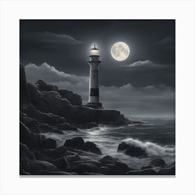 A Picturesque Lighthouse Standing Tall On A Rocky Coastline, Guiding Ships At Night 3 Canvas Print