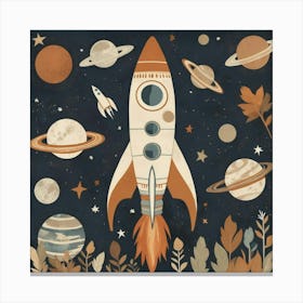 Space Rocket In Earthy Tones Nursery Art Print 0 Canvas Print